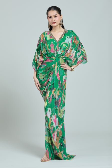Buy Rajat K Tangri Green Embroidery V-neck Mughal Art Print Draped Kaftan Online at Aza Fashions Buy_Rajat K Tangri_Green Embroidery V-neck Mughal Art Print Draped Kaftan _Online_at_Aza_Fashions