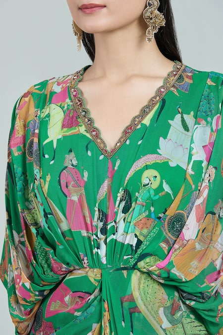 Shop Rajat K Tangri Green Embroidery V-neck Mughal Art Print Draped Kaftan Online at Aza Fashions Shop_Rajat K Tangri_Green Embroidery V-neck Mughal Art Print Draped Kaftan _Online_at_Aza_Fashions