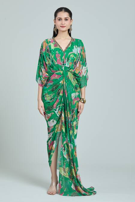 Rajat K Tangri Green Embroidery V-neck Mughal Art Print Draped Kaftan at Aza Fashions Rajat K Tangri_Green Embroidery V-neck Mughal Art Print Draped Kaftan _at_Aza_Fashions