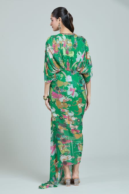 Shop Rajat K Tangri Green Embroidery V-neck Mughal Art Print Draped Kaftan at Aza Fashions Shop_Rajat K Tangri_Green Embroidery V-neck Mughal Art Print Draped Kaftan _at_Aza_Fashions