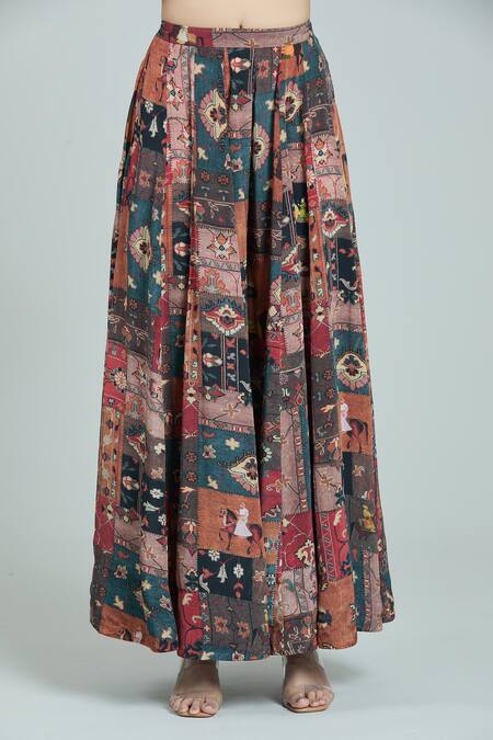 Rajat K Tangri Multi Color Crepe Embroidery Bandeau Neck Mughal Art Print Kaftan And Skirt Set Online at Aza Fashions Rajat K Tangri_Multi Color Crepe Embroidery Bandeau Neck Mughal Art Print Kaftan And Skirt Set _Online_at_Aza_Fashions