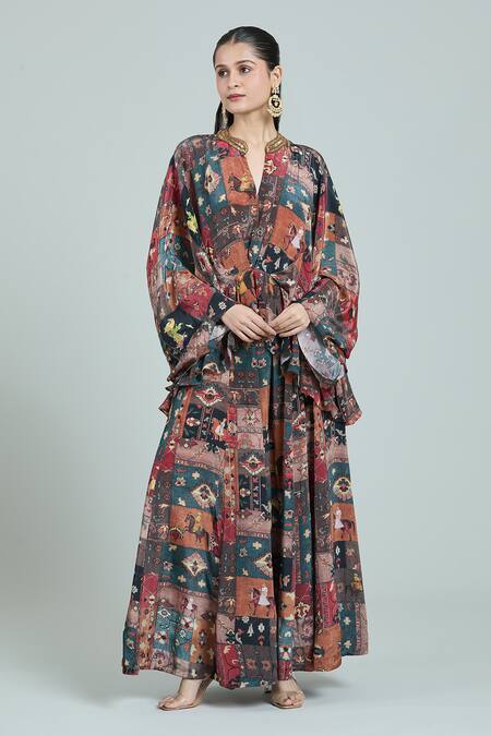 Buy Rajat K Tangri Multi Color Crepe Embroidery Bandeau Neck Mughal Art Print Kaftan And Skirt Set Online at Aza Fashions Buy_Rajat K Tangri_Multi Color Crepe Embroidery Bandeau Neck Mughal Art Print Kaftan And Skirt Set _Online_at_Aza_Fashions