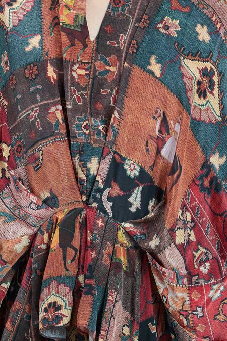 Shop Rajat K Tangri Multi Color Crepe Embroidery Bandeau Neck Mughal Art Print Kaftan And Skirt Set Online at Aza Fashions Shop_Rajat K Tangri_Multi Color Crepe Embroidery Bandeau Neck Mughal Art Print Kaftan And Skirt Set _Online_at_Aza_Fashions