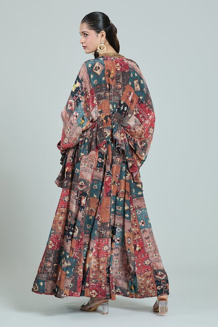 Shop Rajat K Tangri Multi Color Crepe Embroidery Bandeau Neck Mughal Art Print Kaftan And Skirt Set at Aza Fashions Shop_Rajat K Tangri_Multi Color Crepe Embroidery Bandeau Neck Mughal Art Print Kaftan And Skirt Set _at_Aza_Fashions