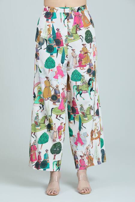 Rajat K Tangri Ivory Cotton Tassels Square Neck Mughal Print Oversized Pant Suit Set Online at Aza Fashions Rajat K Tangri_Ivory Cotton Tassels Square Neck Mughal Print Oversized Pant Suit Set _Online_at_Aza_Fashions