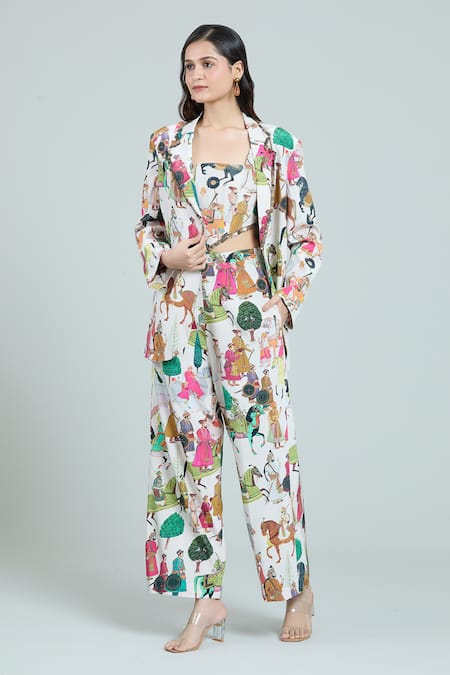 Shop Rajat K Tangri Ivory Cotton Tassels Square Neck Mughal Print Oversized Pant Suit Set Online at Aza Fashions Shop_Rajat K Tangri_Ivory Cotton Tassels Square Neck Mughal Print Oversized Pant Suit Set _Online_at_Aza_Fashions