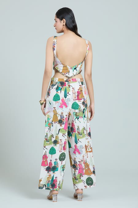 Rajat K Tangri Ivory Cotton Tassels Square Neck Mughal Print Oversized Pant Suit Set at Aza Fashions Rajat K Tangri_Ivory Cotton Tassels Square Neck Mughal Print Oversized Pant Suit Set _at_Aza_Fashions