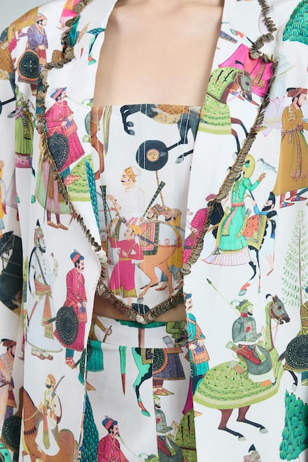 Buy Rajat K Tangri Ivory Cotton Tassels Square Neck Mughal Print Oversized Pant Suit Set Buy_Rajat K Tangri_Ivory Cotton Tassels Square Neck Mughal Print Oversized Pant Suit Set