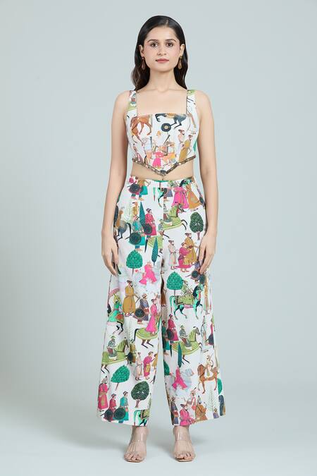 Shop Rajat K Tangri Ivory Cotton Tassels Square Neck Mughal Print Oversized Pant Suit Set Shop_Rajat K Tangri_Ivory Cotton Tassels Square Neck Mughal Print Oversized Pant Suit Set