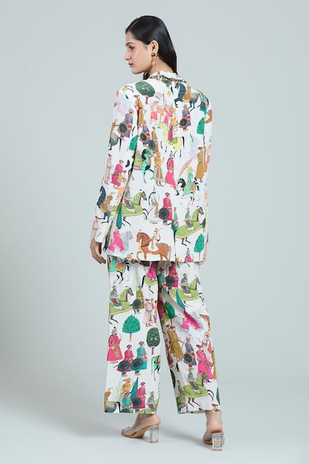 Shop Rajat K Tangri Ivory Cotton Tassels Square Neck Mughal Print Oversized Pant Suit Set at Aza Fashions Shop_Rajat K Tangri_Ivory Cotton Tassels Square Neck Mughal Print Oversized Pant Suit Set _at_Aza_Fashions