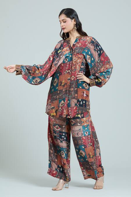 Buy Rajat K Tangri Multi Color Bandeau Neck Mughal Art Print Kaftan And Pant Set Online at Aza Fashions Buy_Rajat K Tangri_Multi Color Bandeau Neck Mughal Art Print Kaftan And Pant Set _Online_at_Aza_Fashions