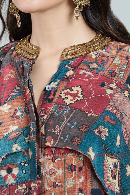 Shop Rajat K Tangri Multi Color Bandeau Neck Mughal Art Print Kaftan And Pant Set Online at Aza Fashions Shop_Rajat K Tangri_Multi Color Bandeau Neck Mughal Art Print Kaftan And Pant Set _Online_at_Aza_Fashions