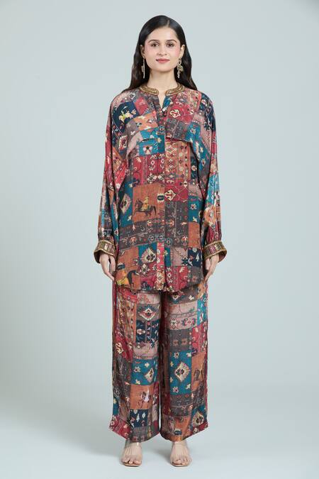 Buy Rajat K Tangri Multi Color Bandeau Neck Mughal Art Print Kaftan And Pant Set Buy_Rajat K Tangri_Multi Color Bandeau Neck Mughal Art Print Kaftan And Pant Set