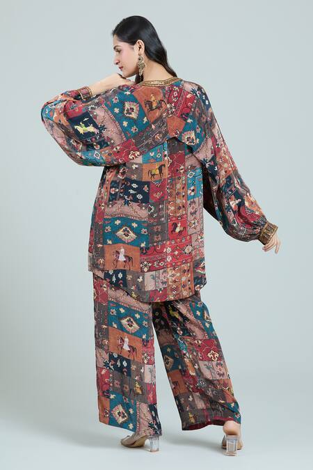 Shop Rajat K Tangri Multi Color Bandeau Neck Mughal Art Print Kaftan And Pant Set at Aza Fashions Shop_Rajat K Tangri_Multi Color Bandeau Neck Mughal Art Print Kaftan And Pant Set _at_Aza_Fashions