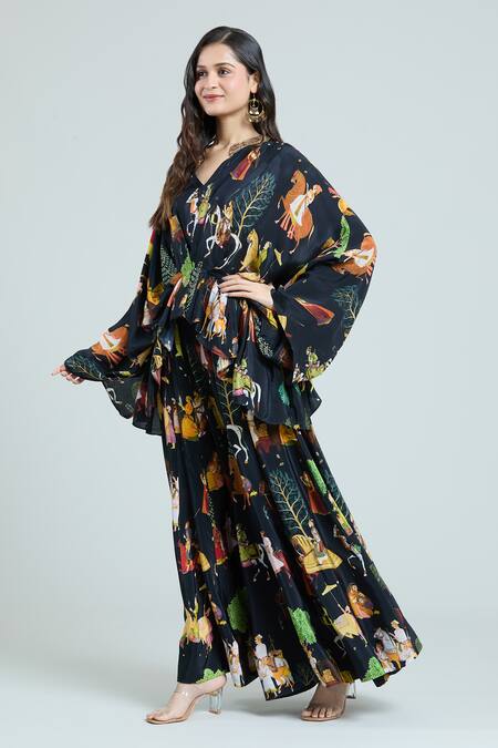 Rajat K Tangri Black Crepe Embroidery Bandeau Neck Mughal Art Pattern Kaftan And Skirt Set Online at Aza Fashions Rajat K Tangri_Black Crepe Embroidery Bandeau Neck Mughal Art Pattern Kaftan And Skirt Set _Online_at_Aza_Fashions