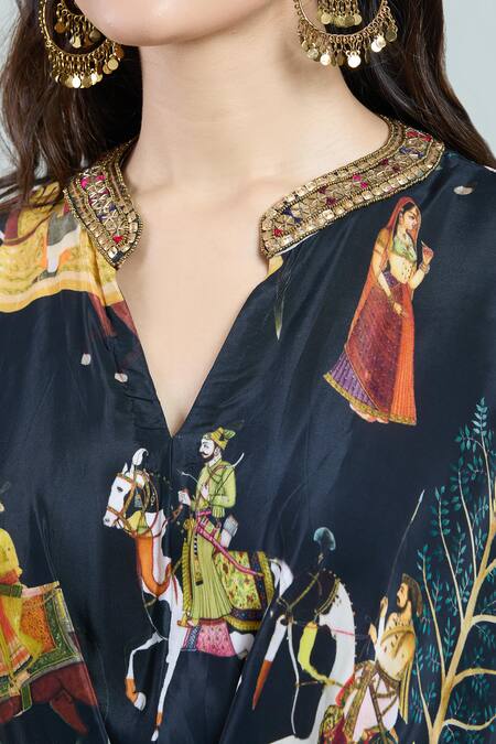 Shop Rajat K Tangri Black Crepe Embroidery Bandeau Neck Mughal Art Pattern Kaftan And Skirt Set Online at Aza Fashions Shop_Rajat K Tangri_Black Crepe Embroidery Bandeau Neck Mughal Art Pattern Kaftan And Skirt Set _Online_at_Aza_Fashions