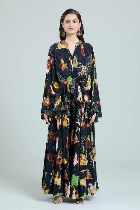 Rajat K Tangri Black Crepe Embroidery Bandeau Neck Mughal Art Pattern Kaftan And Skirt Set at Aza Fashions Rajat K Tangri_Black Crepe Embroidery Bandeau Neck Mughal Art Pattern Kaftan And Skirt Set _at_Aza_Fashions