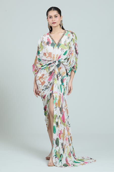 Rajat K Tangri_Ivory Embroidery V-neck Mughal Art Pattern Draped Kaftan _Online_at_Aza_Fashions