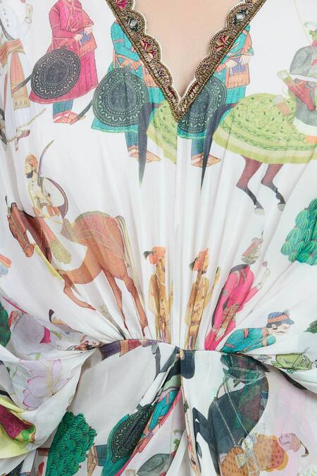 Buy_Rajat K Tangri_Ivory Embroidery V-neck Mughal Art Pattern Draped Kaftan _Online_at_Aza_Fashions