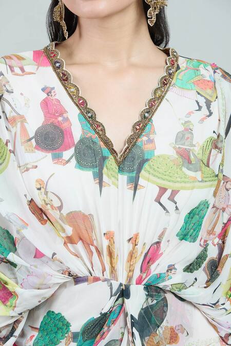 Shop_Rajat K Tangri_Ivory Embroidery V-neck Mughal Art Pattern Draped Kaftan _Online_at_Aza_Fashions
