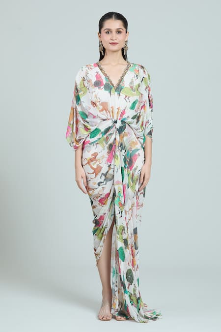 Rajat K Tangri_Ivory Embroidery V-neck Mughal Art Pattern Draped Kaftan _at_Aza_Fashions