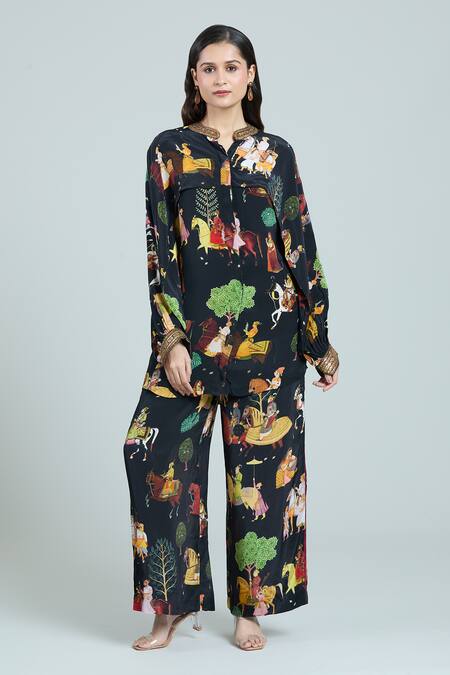 Buy Rajat K Tangri Black Bandeau Neck Mughal Art Printed Kaftan And Pant Set Online at Aza Fashions Buy_Rajat K Tangri_Black Bandeau Neck Mughal Art Printed Kaftan And Pant Set _Online_at_Aza_Fashions