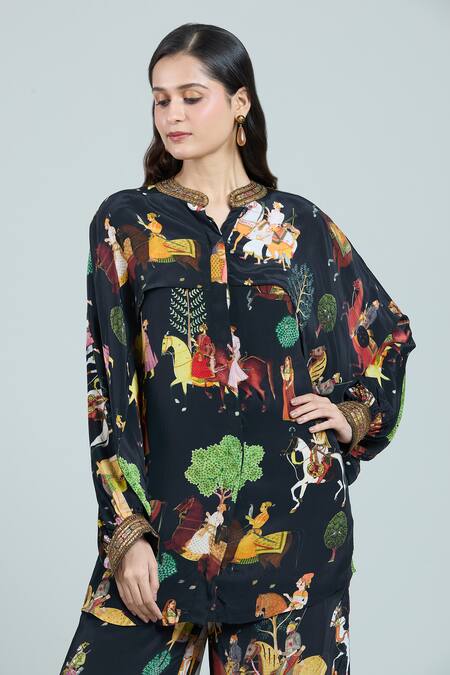 Shop Rajat K Tangri Black Bandeau Neck Mughal Art Printed Kaftan And Pant Set Online at Aza Fashions Shop_Rajat K Tangri_Black Bandeau Neck Mughal Art Printed Kaftan And Pant Set _Online_at_Aza_Fashions