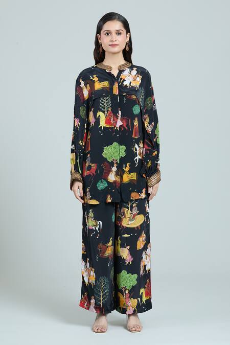 Rajat K Tangri Black Bandeau Neck Mughal Art Printed Kaftan And Pant Set at Aza Fashions Rajat K Tangri_Black Bandeau Neck Mughal Art Printed Kaftan And Pant Set _at_Aza_Fashions