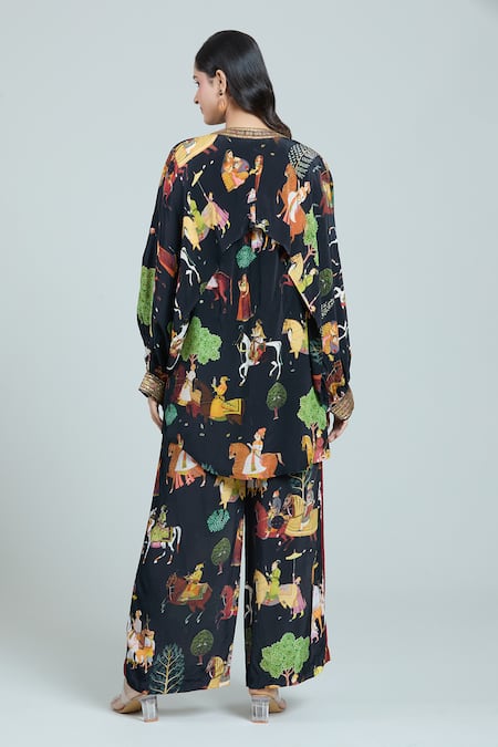 Shop Rajat K Tangri Black Bandeau Neck Mughal Art Printed Kaftan And Pant Set at Aza Fashions Shop_Rajat K Tangri_Black Bandeau Neck Mughal Art Printed Kaftan And Pant Set _at_Aza_Fashions