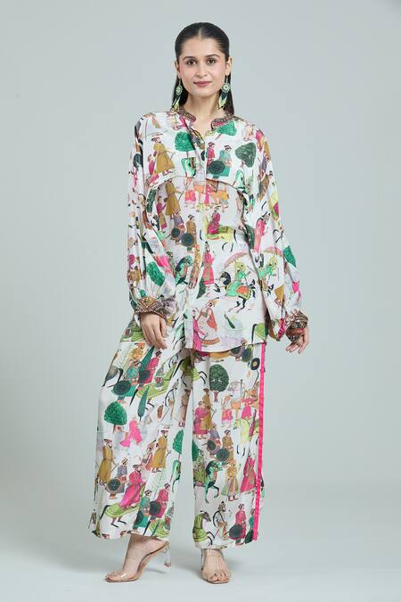 Rajat K Tangri Ivory Embroidery Bandeau Neck Mughal Art Print Kaftan And Pant Set Online at Aza Fashions Rajat K Tangri_Ivory Embroidery Bandeau Neck Mughal Art Print Kaftan And Pant Set _Online_at_Aza_Fashions