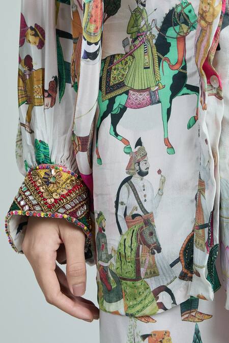 Shop Rajat K Tangri Ivory Embroidery Bandeau Neck Mughal Art Print Kaftan And Pant Set Online at Aza Fashions Shop_Rajat K Tangri_Ivory Embroidery Bandeau Neck Mughal Art Print Kaftan And Pant Set _Online_at_Aza_Fashions