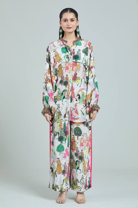 Rajat K Tangri Ivory Embroidery Bandeau Neck Mughal Art Print Kaftan And Pant Set at Aza Fashions Rajat K Tangri_Ivory Embroidery Bandeau Neck Mughal Art Print Kaftan And Pant Set _at_Aza_Fashions