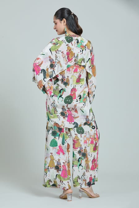 Shop Rajat K Tangri Ivory Embroidery Bandeau Neck Mughal Art Print Kaftan And Pant Set at Aza Fashions Shop_Rajat K Tangri_Ivory Embroidery Bandeau Neck Mughal Art Print Kaftan And Pant Set _at_Aza_Fashions