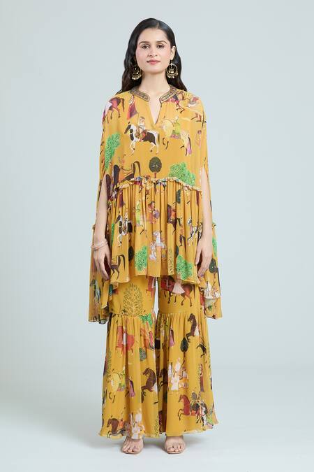 Rajat K Tangri Yellow Cotton Embroidery Bandeau Neck Mughal Art Print Kaftan Top And Sharara Set Online at Aza Fashions Rajat K Tangri_Yellow Cotton Embroidery Bandeau Neck Mughal Art Print Kaftan Top And Sharara Set _Online_at_Aza_Fashions