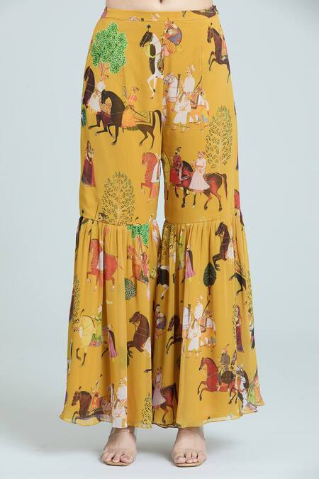 Buy Rajat K Tangri Yellow Cotton Embroidery Bandeau Neck Mughal Art Print Kaftan Top And Sharara Set Online at Aza Fashions Buy_Rajat K Tangri_Yellow Cotton Embroidery Bandeau Neck Mughal Art Print Kaftan Top And Sharara Set _Online_at_Aza_Fashions