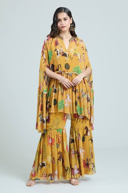 Rajat K Tangri Yellow Cotton Embroidery Bandeau Neck Mughal Art Print Kaftan Top And Sharara Set at Aza Fashions Rajat K Tangri_Yellow Cotton Embroidery Bandeau Neck Mughal Art Print Kaftan Top And Sharara Set _at_Aza_Fashions