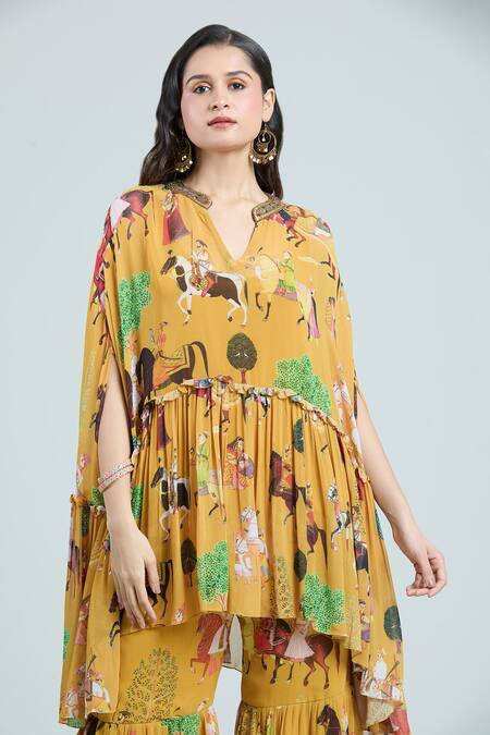 Buy Rajat K Tangri Yellow Cotton Embroidery Bandeau Neck Mughal Art Print Kaftan Top And Sharara Set Buy_Rajat K Tangri_Yellow Cotton Embroidery Bandeau Neck Mughal Art Print Kaftan Top And Sharara Set