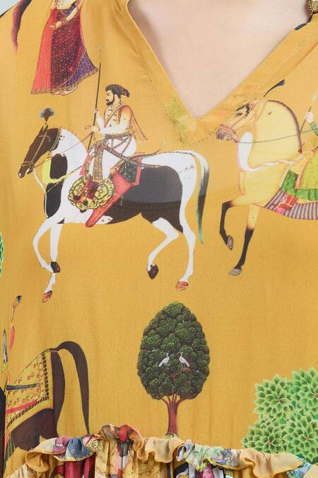 Shop Rajat K Tangri Yellow Cotton Embroidery Bandeau Neck Mughal Art Print Kaftan Top And Sharara Set Shop_Rajat K Tangri_Yellow Cotton Embroidery Bandeau Neck Mughal Art Print Kaftan Top And Sharara Set