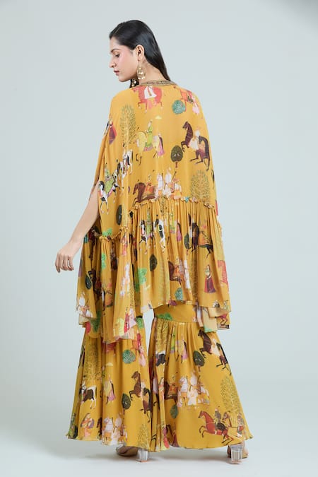 Shop Rajat K Tangri Yellow Cotton Embroidery Bandeau Neck Mughal Art Print Kaftan Top And Sharara Set at Aza Fashions Shop_Rajat K Tangri_Yellow Cotton Embroidery Bandeau Neck Mughal Art Print Kaftan Top And Sharara Set _at_Aza_Fashions