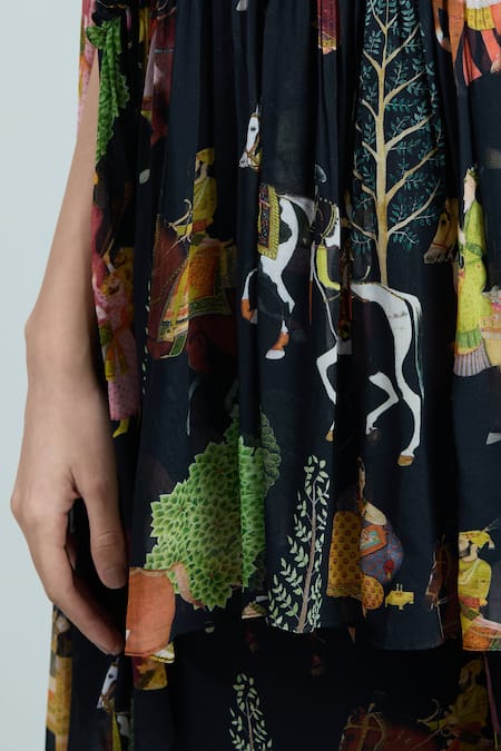 Rajat K Tangri_Black Georgette Embroidery Mughal Painting Print Kaftan Top And Sharara Set _Online_at_Aza_Fashions