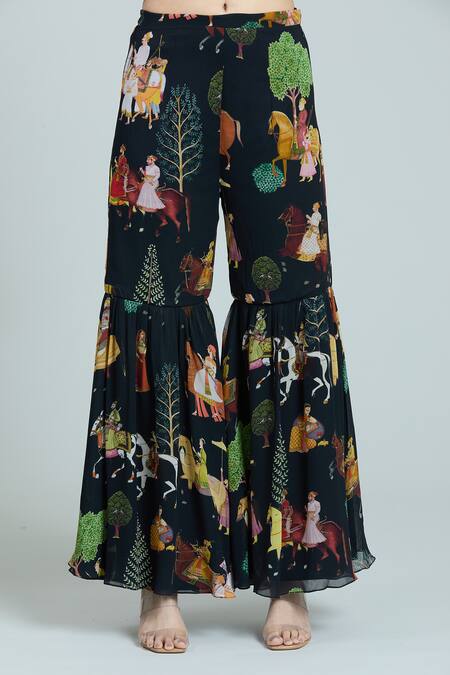 Buy_Rajat K Tangri_Black Georgette Embroidery Mughal Painting Print Kaftan Top And Sharara Set _Online_at_Aza_Fashions