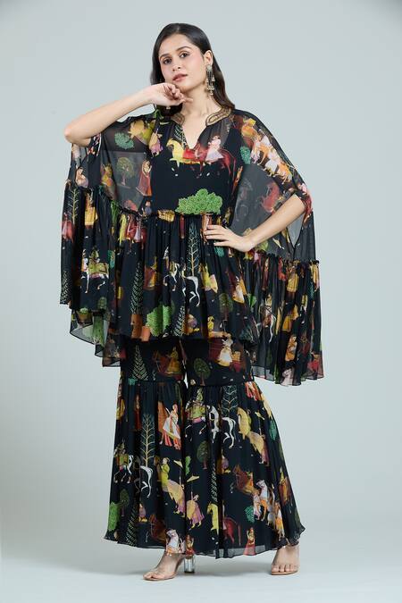 Rajat K Tangri_Black Georgette Embroidery Mughal Painting Print Kaftan Top And Sharara Set _at_Aza_Fashions