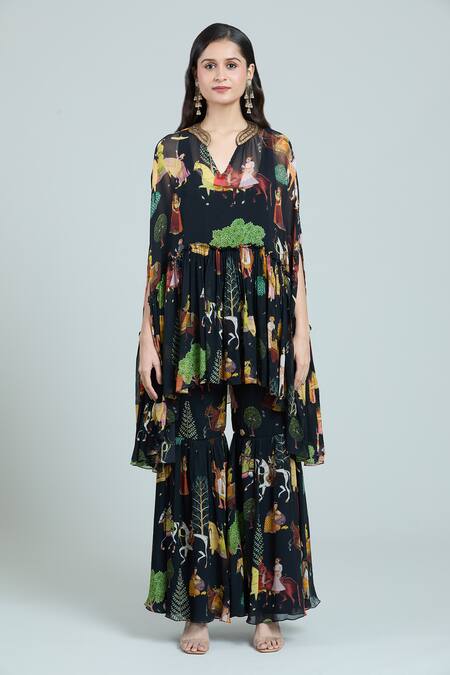 Buy_Rajat K Tangri_Black Georgette Embroidery Mughal Painting Print Kaftan Top And Sharara Set 
