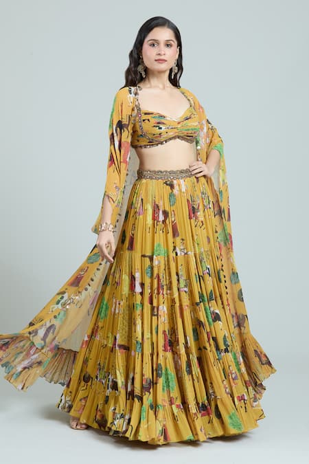 Rajat K Tangri Yellow Printed Mughal Art Blouse Sweetheart Cape Lehenga Set