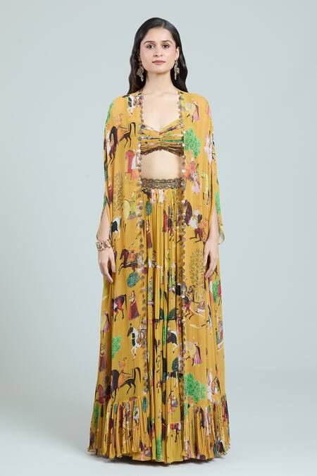 Rajat K Tangri Yellow Chiffon, Cotton Tassels Sweetheart Neck Mughal Art Print Cape Lehenga Set Online at Aza Fashions Rajat K Tangri_Yellow Chiffon, Cotton Tassels Sweetheart Neck Mughal Art Print Cape Lehenga Set _Online_at_Aza_Fashions