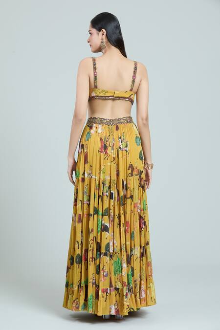 Buy Rajat K Tangri Yellow Chiffon, Cotton Tassels Sweetheart Neck Mughal Art Print Cape Lehenga Set Online at Aza Fashions Buy_Rajat K Tangri_Yellow Chiffon, Cotton Tassels Sweetheart Neck Mughal Art Print Cape Lehenga Set _Online_at_Aza_Fashions