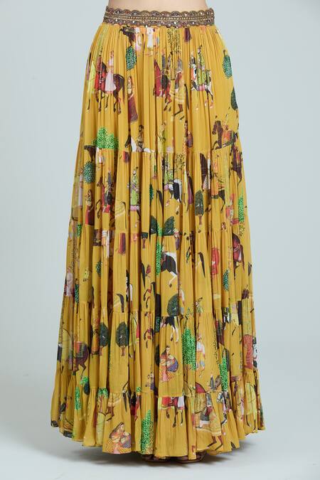 Shop Rajat K Tangri Yellow Chiffon, Cotton Tassels Sweetheart Neck Mughal Art Print Cape Lehenga Set Online at Aza Fashions Shop_Rajat K Tangri_Yellow Chiffon, Cotton Tassels Sweetheart Neck Mughal Art Print Cape Lehenga Set _Online_at_Aza_Fashions