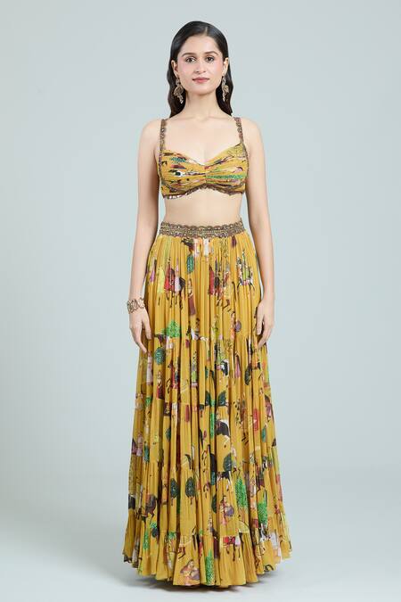 Shop Rajat K Tangri Yellow Chiffon, Cotton Tassels Sweetheart Neck Mughal Art Print Cape Lehenga Set Shop_Rajat K Tangri_Yellow Chiffon, Cotton Tassels Sweetheart Neck Mughal Art Print Cape Lehenga Set