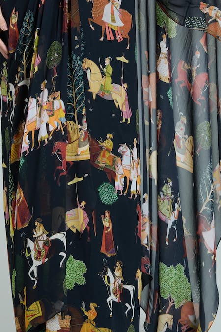 Rajat K Tangri_Black Embroidery Scoop Neck Mughal Print Pre-draped Saree Set _Online_at_Aza_Fashions