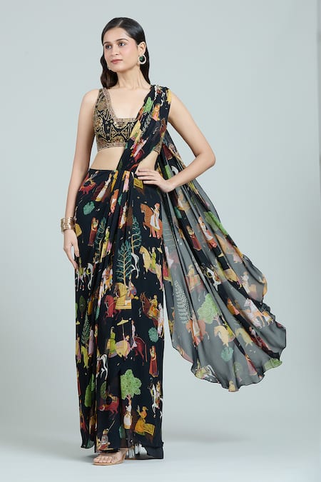Buy_Rajat K Tangri_Black Embroidery Scoop Neck Mughal Print Pre-draped Saree Set _Online_at_Aza_Fashions